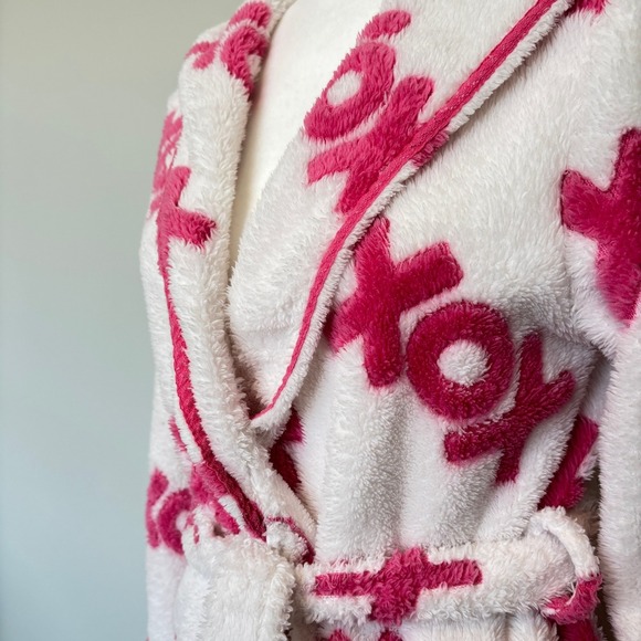 Betsey Johnson Intimates Small Plush Hooded Robe XOXO Pockets White Pink Comfy - Picture 6 of 12